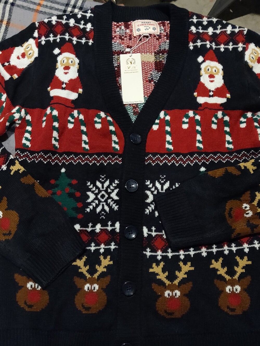 Men's Holiday Knit Cardigan Sweater - Merry Christmas V28 Navy Santa & Reindeer